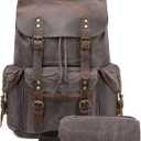 Genuine Leather Backpack for Men, Waxed Canvas Backpack Shoulder Rucksack with Toiletry Vintage Backpack for Travel,Camping, Hiking(Grey)