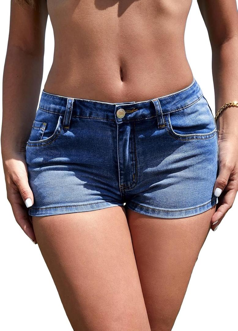 WDIRARA Women's Low Waist Button Skinny Denim Shorts Streetwear Stretch Shorts (Blue Medium Wash)