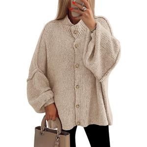 PRETTYGARDEN Women's Winter Button Down Cardigan Sweaters Mock Neck Lantern Long Sleeve Chunky Knit Jacket Trendy Outerwear (S)