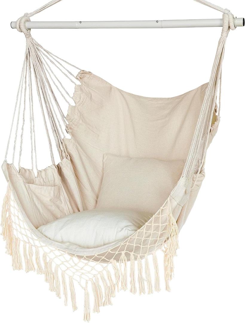 Hammock Chair, Hanging Rope Swing Seat with 2 Cushions,Macrame Hanging Chair Side Pocket with High Load-Bearing Metal Rod,for Indoor, Outdoor, Extra Comfortable (Beige)
