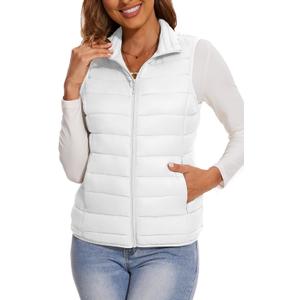 SMENG Women's Lightweight Quilted Puffer Vest Sleeveless Stand Collar Zip-Up Padded Outerwear Gilet (Large, White)