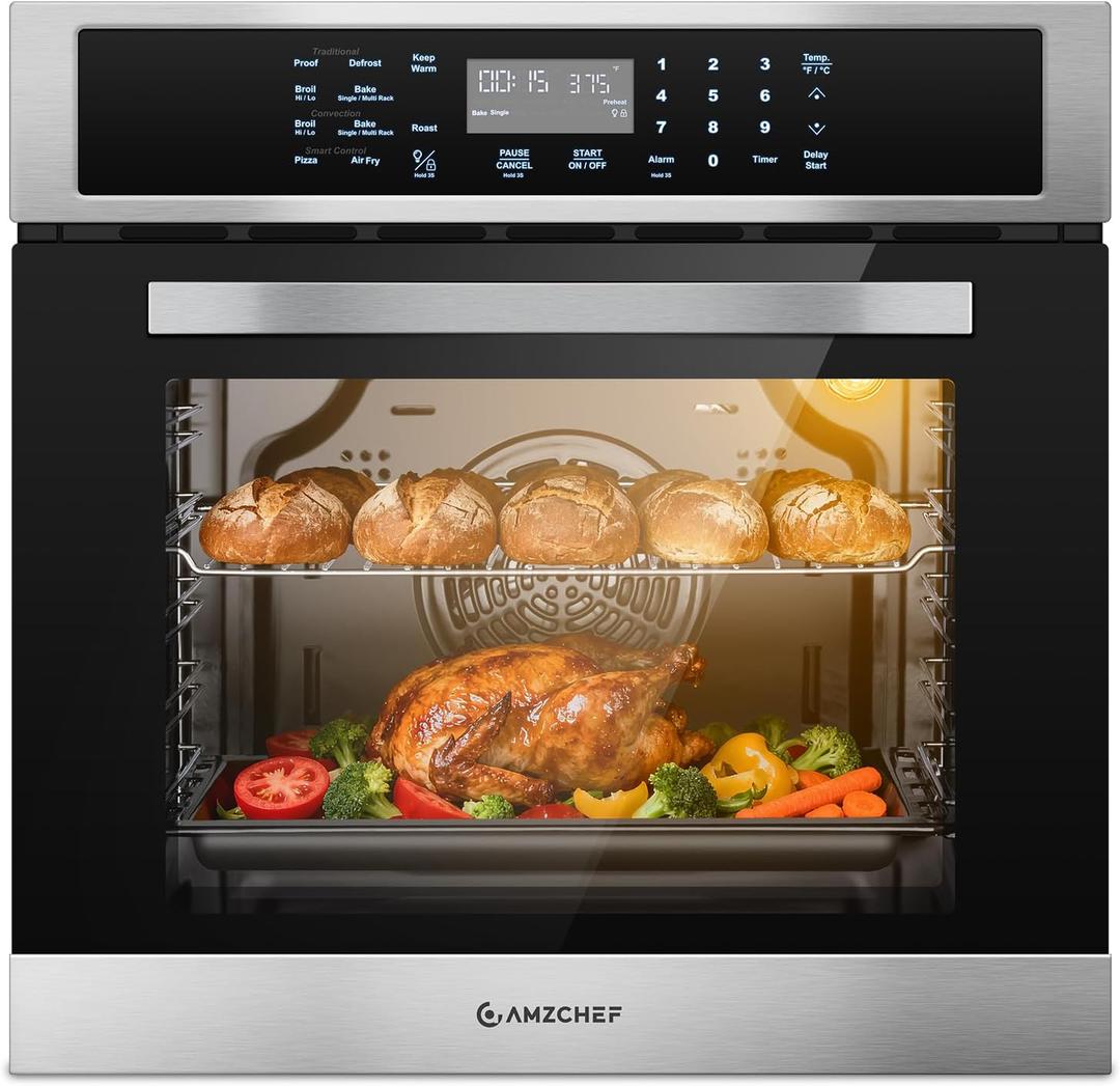 Wall-Oven-Single-Wall-Oven: AMZCHEF 24 inch Electric Wall Oven with 10 Functions, 2.5 Cu.Ft. Convection Wall Oven with Upgraded Control Panel, 2800w, 220V, Touch Control, Timer, Safety Lock