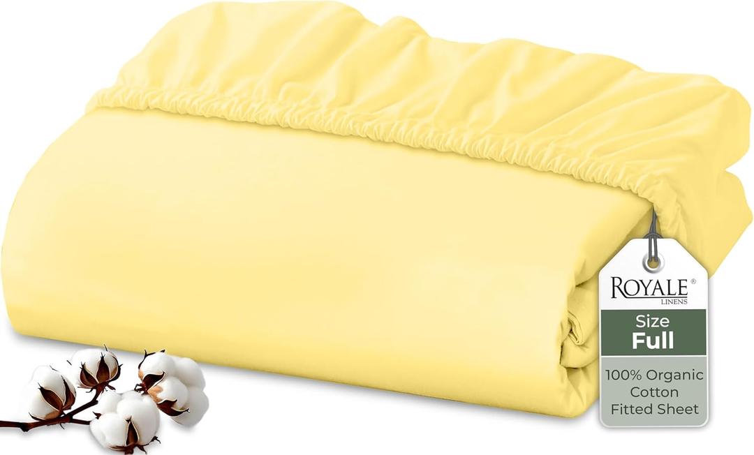 Royale Linens 100% Organic Cotton Fitted Sheet - Percale Weave - Super Soft Deep Pocket Bottom Sheets - Elastic Sheet Full Size - Full Fitted Sheets Only - (54"x75"+15", Yellow)