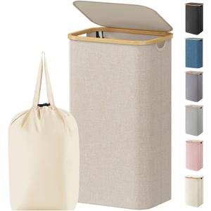 80L Laundry Basket with Lid, Clothes Hampers for Laundry with Bamboo Handles and 1 Removable Bag, Large Foldable Laundry Hamper for Bedroom, Bathroom, Dorm, Laundry Room, Beige