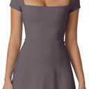QINSEN Womens Square Neck Tennis Dress Short Sleeve Built in Shorts Golf Athletic Dress with Pockets (Large, Tea Leaf)