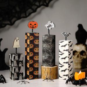 Yerliker 4 Pcs Halloween Wooden Tiered Tray Decor Set Halloween Wood Table Centerpieces Signs Pumpkin Ghost Blocks Signs for Rustic Farmhouse Home Mantle Office Mantel Shelf Desk Decor