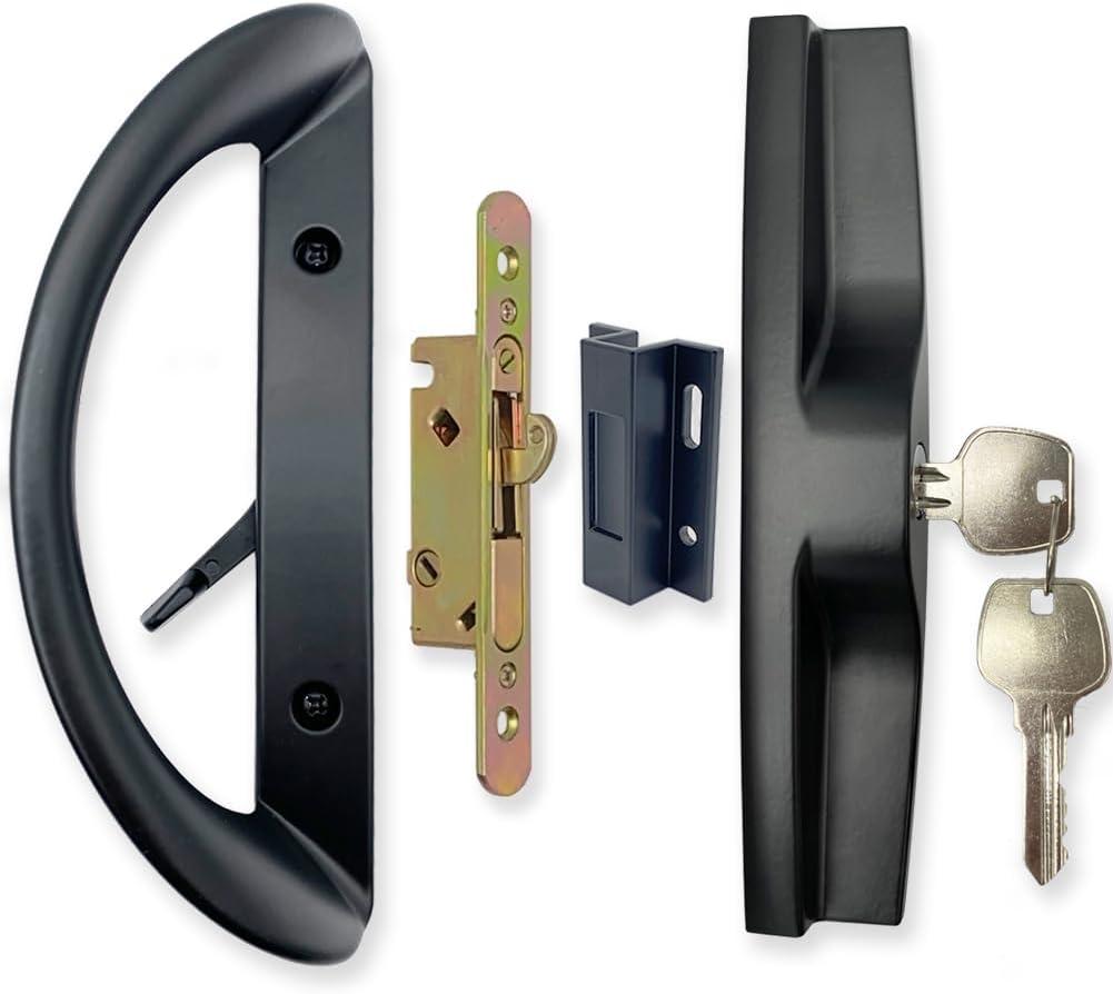 Patio Sliding Door Handle Set with Mortise Lock, Key Cylinder and Keeper, Replacement Handle Lock Set Fits Door Thickness from 1-1/2" to 1-3/4", 3-15/16" Screw Hole Spacing, Keyed, Black