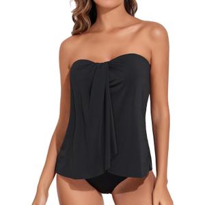 Tempt Me Two Piece Tankini Bathing Suits for Women Halter Bandeau Swim Top with Bottom Flyaway Tummy Control Swimsuit (Large, Black)