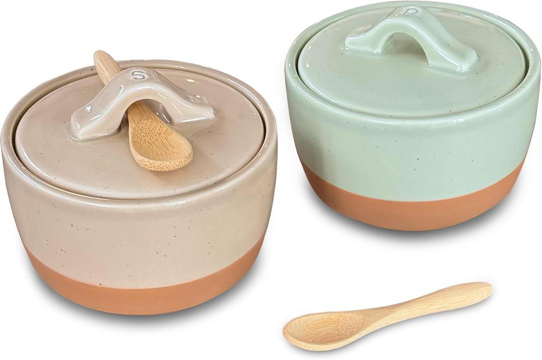 Mora Ceramic Salt and Pepper Cellar Set with Lid - 10 oz Modern Canister/Container/Bowl for Storage, Sea Salt, Spice, Sugar, Countertop - Small Dish/Jar with Wood Spoon, Matcha & Chai Crock, 2 Pack