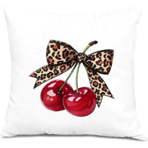 Trendy Leopard Cherry Pillow Covers 18x18, Coquette Girly Room Decor, Preppy Cheetah Print Bow Funky Cherry Decorative Throw Pillow Covers for Girls Bedroom Dorm Apartment Home (Colour 03)