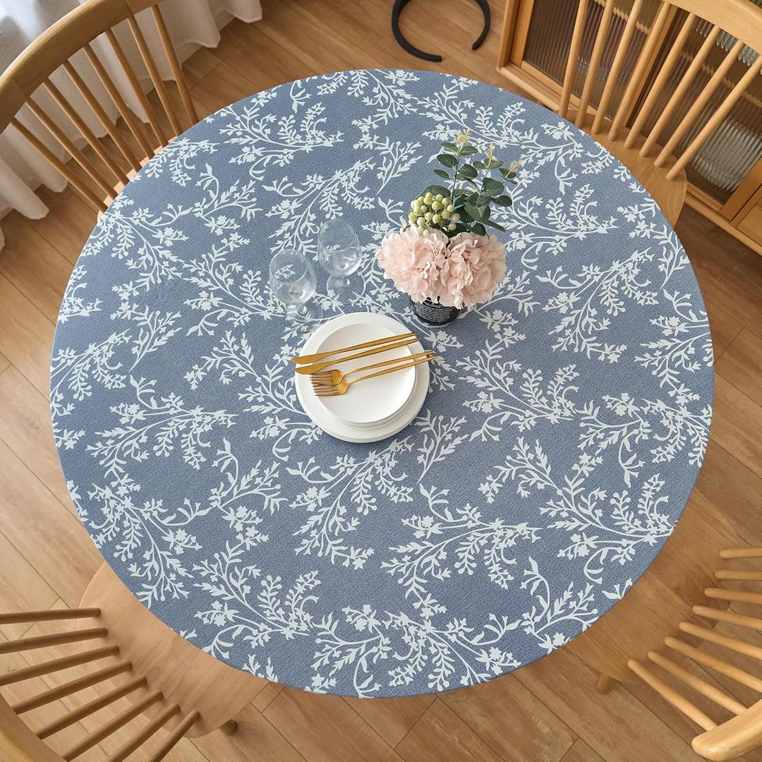 LIBERECOO Round Fitted Tablecloth with Elastic, Flannel Backed Vinyl Tablecloths for 40" - 44" Tables, Waterproof Wipeable Reusable Plastic Table Cloth for Indoor & Outdoor, Light Wash Denim