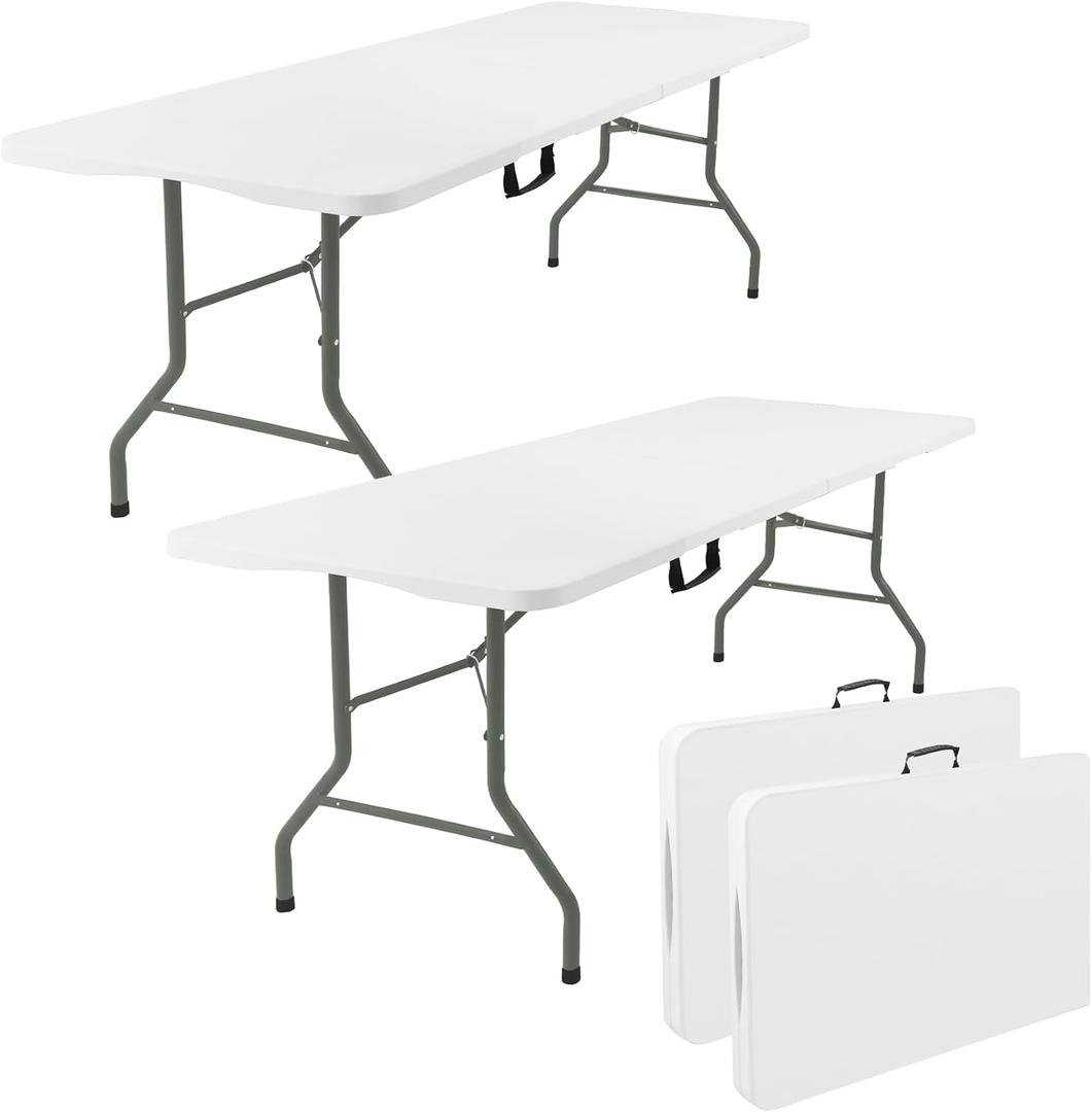 Fivenl 2 Pack 6 Feet Portable Folding Table White, Steel Legs Fold-in-Half with Carrying Handle Rectangular Plastic Foldable Table for Party, Wedding, Camping, Picnic, Dining, Indoor Outdoor Events