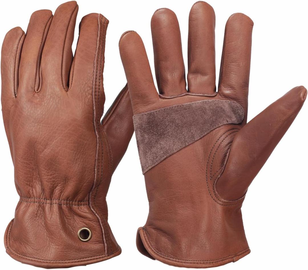 Retro Brown Cowhide Leather Work Gloves for Construction, Yardwork, Gardening with Reinforced Palm for Men & Women (Large)