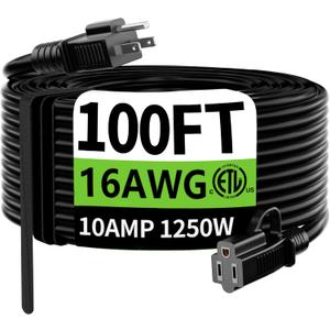 HUANCHAIN Indoor Outdoor Black Extension Cord 100 ft Waterproof, 16/3 Gauge Flexible Cold-Resistant Appliance Extension Cord Outside, 10A 1250W 16AWG SJTW, 3 Prong Heavy Duty Electric Cable, ETL (100FT)