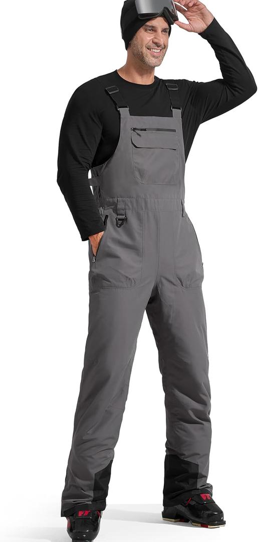 FREE SOLDIER Mens Snow Bibs Ski Pants Softshell Waterproof Insulated Warm Snow Pants Windproof Ski Bib Overalls (Large/32" Inseam, Gray)