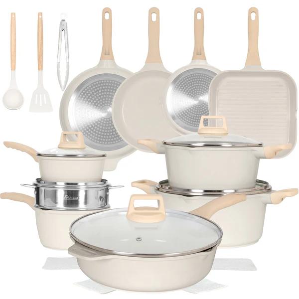 Romswi 23Piece Kitchen Cookware Set, Non Stick Pots and Pans Set, Induction Cookware with Utensil and Pan Protectors, White (White-23 Piece)