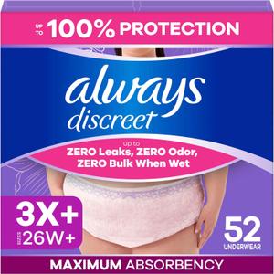 Always Discreet Reimagined Adult Diapers for Women, Maximum Absorbency Incontinence and Postpartum Underwear Size 3X+, Up to 100% Leak Free Bladder Leak Protection, 52 Count