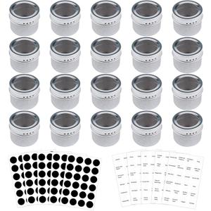 Bekith 20 Pack Magnetic Spice Tins Storage Spice Containers, Clear Top Lid with Sift or Pour, Magnetic on Refrigerator and Grill, 240 PVC Spice Label Set