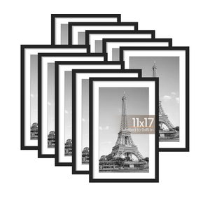 upsimples 11x17 Picture Frame Set of 10, Display Pictures 9x15 with Mat or 11x17 Without, Multi Photo Frames Collage for Wall Display, Black
