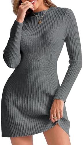 Saodimallsu Womens Long Sleeve Sweater Dress Bodycon Crew Neck Fall Slimming Knit Mini Dresses, Grey, M