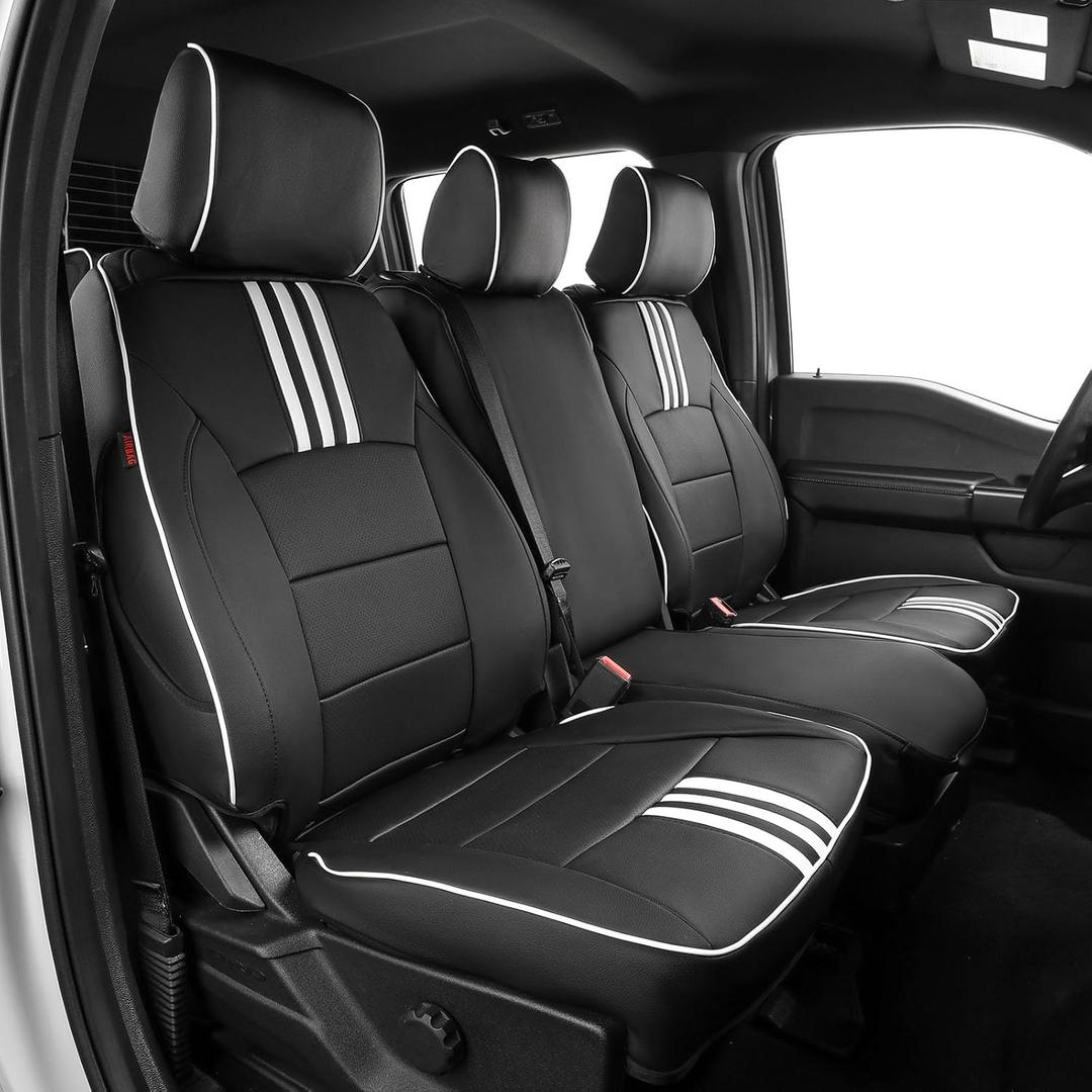 EKR F150 Seat Covers for (4 Door,SuperCrew) 2015-2020 Ford F150 & (CrewCab) 2017-2022 F250/F350/F450 SuperDuty Limited/King Ranch/Lariat/Platinum Full Set,Faux Leather(Black with White Trim)