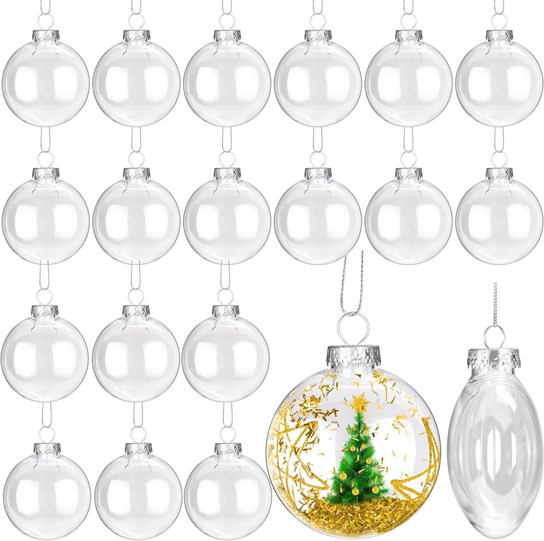 32Pcs Clear Christmas Ornament Ball, 3.15 Inches Transparent Fillable Tree Ornaments with Removable Silver Cap Hanging Cords, Flat Plastic Round Ball for Xmas Holiday Home Party Decor DIY Crafts