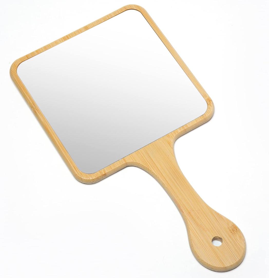 Handheld Mirror,Natural Bamboo Hand Mirror with Handle,Cute Hand held Mirror for Shaving Single-Sided Portable Travel Vanity Mirror for Men & Women,6.3" W x 11.8" L