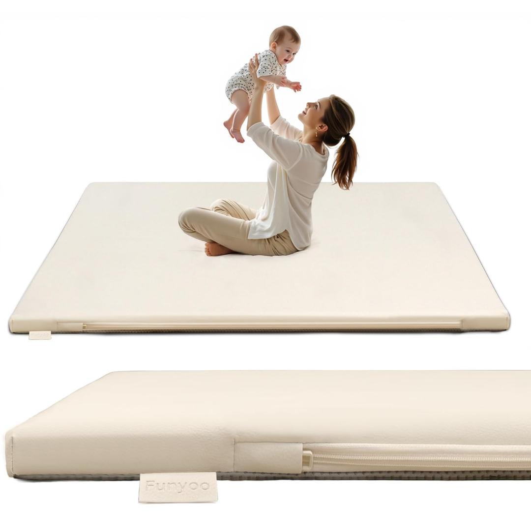 Funyoo Padded 71" ×59" Large Baby Play Mat for Floor, 1.2" Thick Foam Mat with Soft Vegan Leather, Baby Tummy Time Playmat for Safe Play Area, Non-Slip Bottom, Fits 71" x59" Playpens