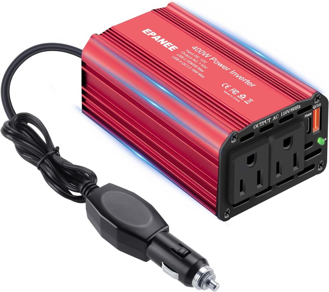 400W Power Inverter 12V DC to 110V AC, Car Charger Plug in Adapter Outlet with PD 65W USB-C&QC 18W Port, Portable Power Converters for Laptop Vehicles Camping Road Trip Essentials Adults (RED)