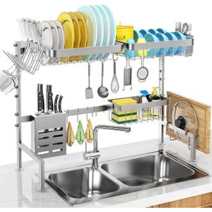 MERRYBOX 304 Stainless Steel Over The Sink Dish Drying Rack Length Adjustable Dish Drainer Full Set Dish Rack for Kitchen Sink Organizer Space Saver - Silver (A: Length:25.6"-33.5")