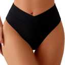 Women's Sexy High Waisted Thong V Cut Bikini Bottom Cheeky Brazilian Swimsuit Bottom (Black, L)