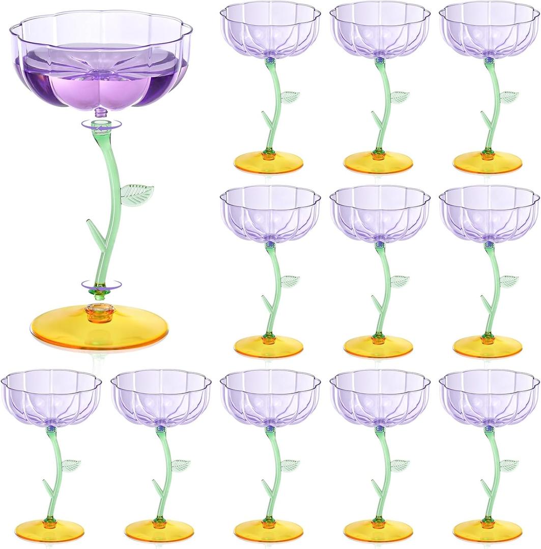 HKSZEH 12 Pcs Purple Plastic Ribbed Coupe Glasses Detachable 7oz Flower Cocktail Glasses Modern Wavy Plastic Cocktail Coupes Disposable Martini Glasses Mimosa Glassware champagne goblets (12, Purple)