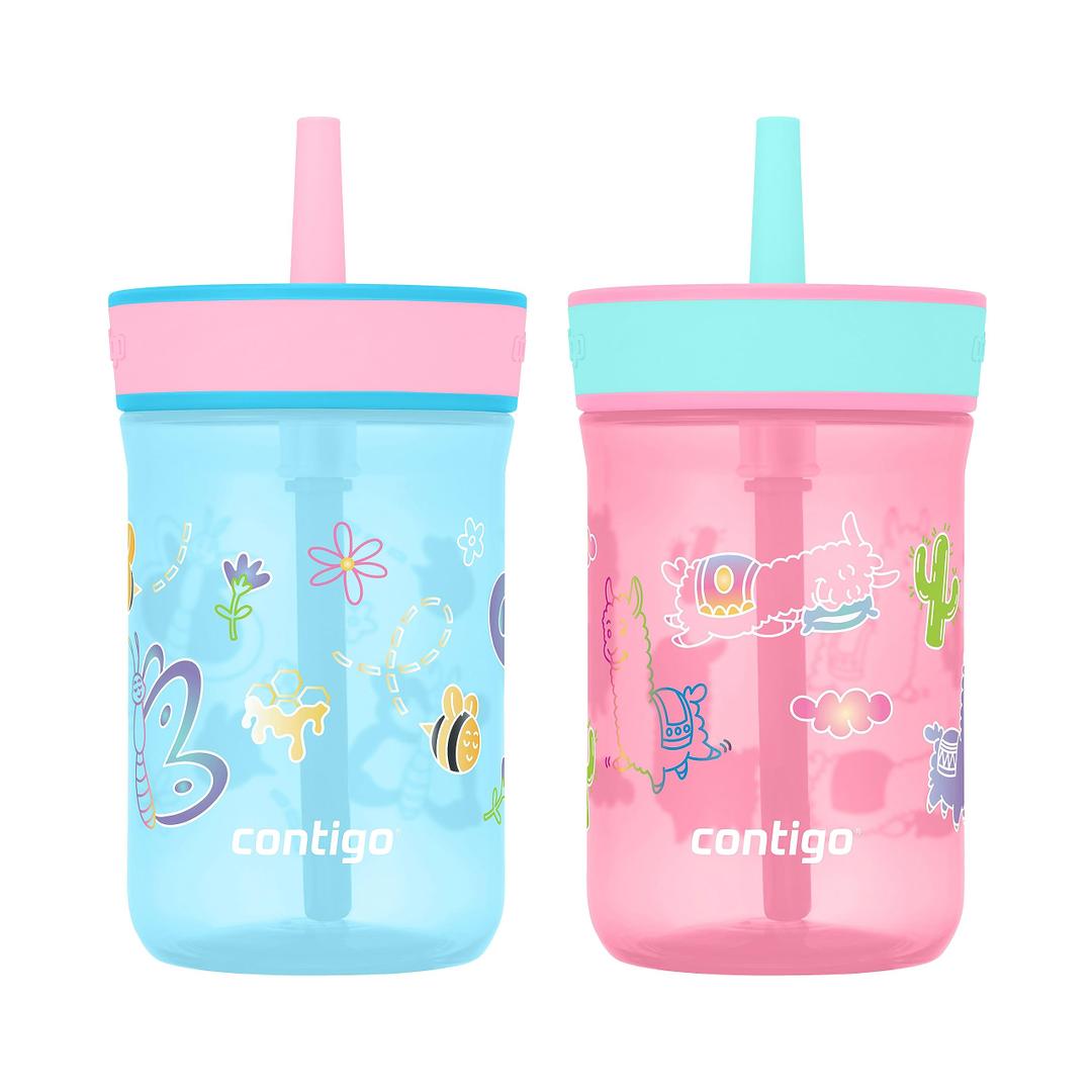 Contigo Leighton Kids Water Bottle, 2-Pack, 14oz, Spill-Proof, Blue Raspberry/Azalea & Butterlies/Llamas, Dishwasher Safe Tumbler with Straw 