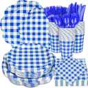 175 Pcs Blue Gingham Plates and Napkins Party Supplies-Dark Blue and White Scalloped Paper Plates Disposable Plaid Cocktail Napkin Checkered Dinner Party Set for Wedding Baby ShowerServe 25 Guest