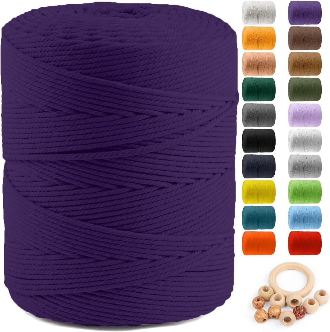 Macrame Cotton Cord 4mm x 547yds, ZUEXT Natural Handmade Dark Violet Purple Braided Cords 4 Strands Knitted Rope String for Craft Wall Hanging Weaving Tapestry Dream Catchers Hanger DIY Gift (500m)