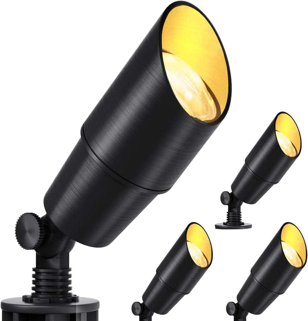 Wowlite Matte Black Aluminum Outdoor Spot Lights with 4 Light Bulbs, 5W 2700K Warmlight 12V Low Voltage Landscape Lighting Fixture, IP65 Waterproof LED Uplights for Garden Courtyard Pathway, 4 Pack