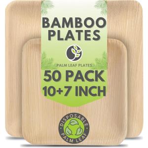 Palm Leaf Plates 10 Inch & 7 Inch Square Bamboo Plates [50-Pack] - Biodegradable and Compostable for Appetizer and Dinner - Disposable Wood Dinnerware Set - Party Pack