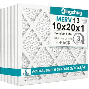 Qingzhug 10x20x1 MERV 13 (6-Pack) Pleated Air Filter (Actual Size: 9.75" x 19.75" x 0.75") MPR 1900 & FPR 10, Furnace Air Filters 10x20x1 Air Filter