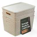 BINO | Plastic Storage Baskets with Lids, 33 Liter - 3 Pack, Natural | THE WOVEN COLLECTION | Storage Basket for Shelves | Woven Storage Baskets for Organizing Bins | Pantry Shelf Organizer Bin