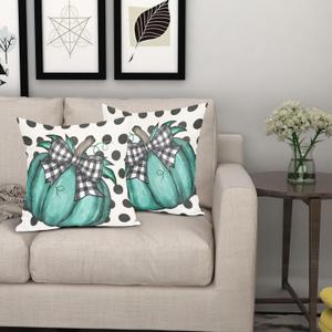 Fall Throw Pillow Covers 18x18 Inch Set of 2 Teal Pumpkin Decorative Outdoor Pillow Covers Autumn Harvest Thanksgiving Pillowcases Cotton Linen Cushion Covers for Couch Bed Home Decor