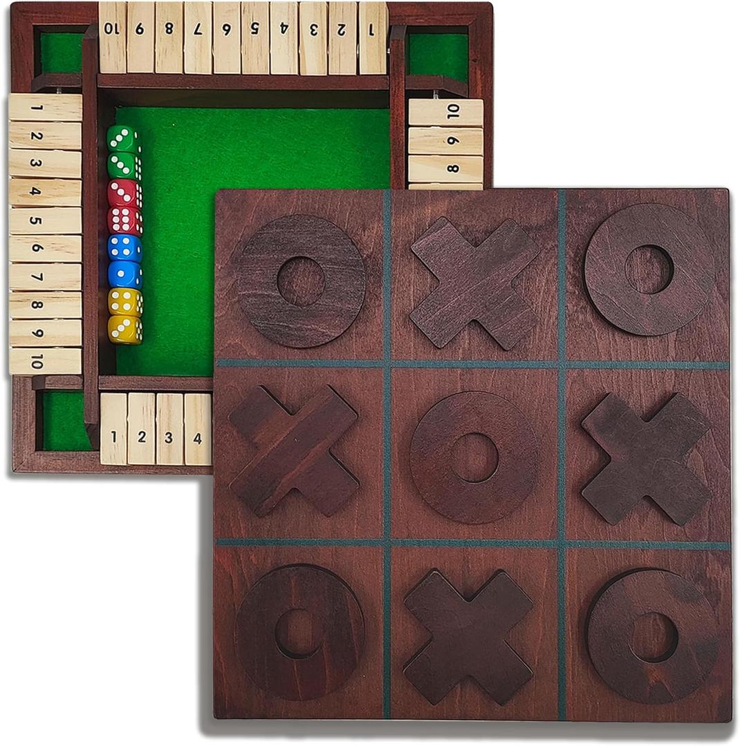 Wooden Tic Tac Toe Game & Shut The Box Game Set, Ideal Gift for Family Game Nights, Kids Activities, and Coffee Table Decor (8.6 Inch)
