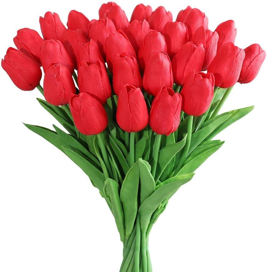 Kisflower 30Pcs Latex Tulips Real Touch Red Artificial Flowers Fake Tulips Arrangement Bouquet for Home Office Wedding Decor (Red)