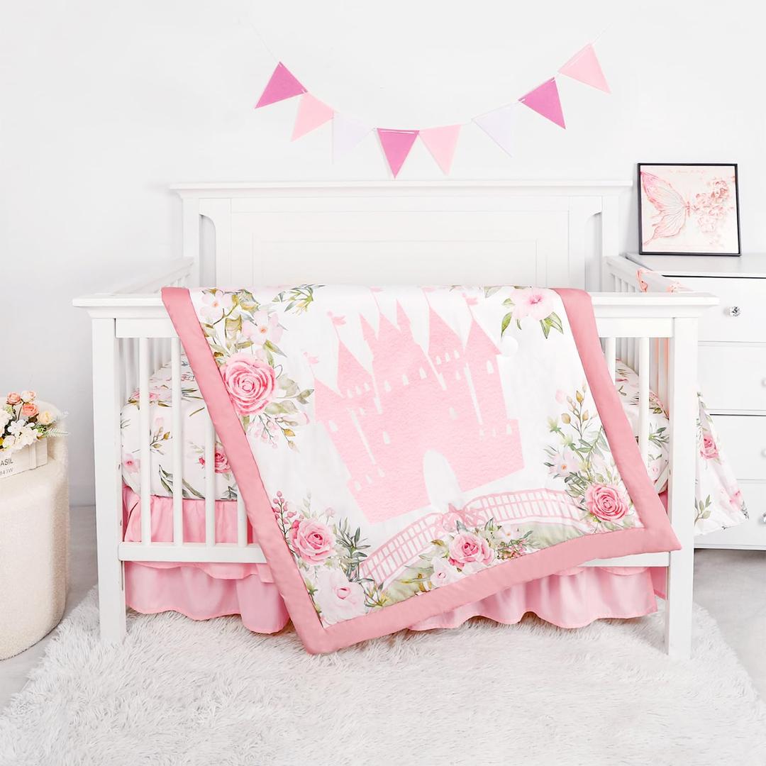 TANOFAR 4-Piece Crib Bedding Set for Baby Girls, Floral Castle Nursery Bedding Set Includes Comforter, Fitted Crib Sheet, Crib Skirt, and Diaper Stacker, Pink