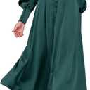 xxxiticat Women's Puff Sleeve Satin Maxi Dress Long Lantern Sleeve Button Down Ruffle Single Breasted Vintage Midi Dresses, XL