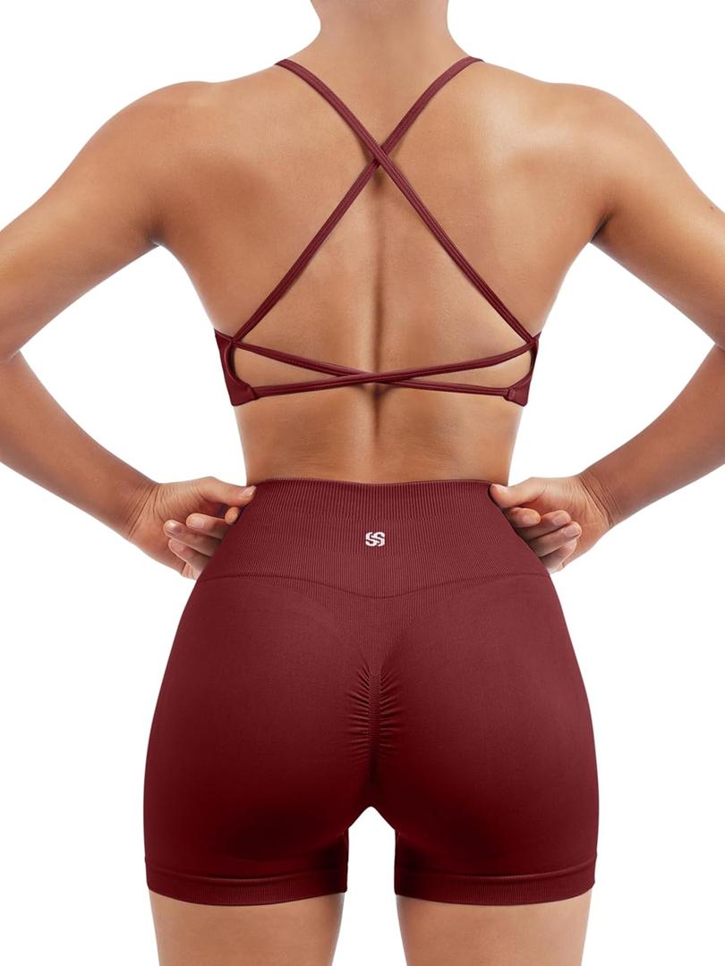 SUUKSESS Women Seamless Workout Sets Strappy Sports Bra High Waist Booty Shorts Outfits (2-4, #1 Wine Red)