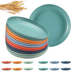 HEYCOME 12 Pcs Unbreakable Deep Dessert Plates Set, 8 inch Reusable Plastic Wheat Straw Plates, Microwave and Dishwasher Safe Plate for Kitchen, Lightweight Plate for Dessert, BPA Free, 6 Colors (6-Dark Multicolor)