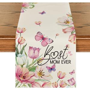 Artoid Mode Best Mom Ever Butterfly Floral Mother's Day Table Runner, Seasonal Spring Floral Kitchen Dining Table Decoration for Home Party Decor 13x72 Inch