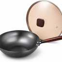 Calmabode 12 Flat Bottom Carbon Steel Wok with Glass Lid | Pre-seasoned nitrided carbon steel, amber glass lid, even heat base, ideal for wok hei, stir-fry and family meals