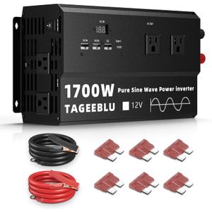 1700 Watt Pure Sine Wave Inverter - 3400W Surge, 12V DC to 110V/120V AC Converter Power Inverter for RV, Truck, Home, Solar, Camping, CPAP with 4 AC Outlet & 4 USB (18W QC & PD), LCD Display