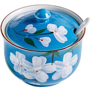 Hand-painted Flower Ceramic Seasoning Jar Condiment Pot Sugar Bowl with Lid and Spoon-Blue